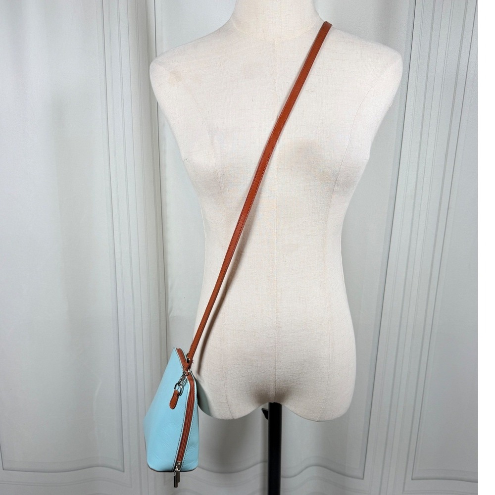 Vera Pelle Robins Egg Blue Leather Crossbody Bag Cognac Trim Made in Italy